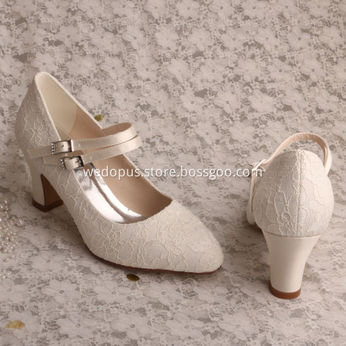Block Heel Wedding Shoes for Bride with Laces